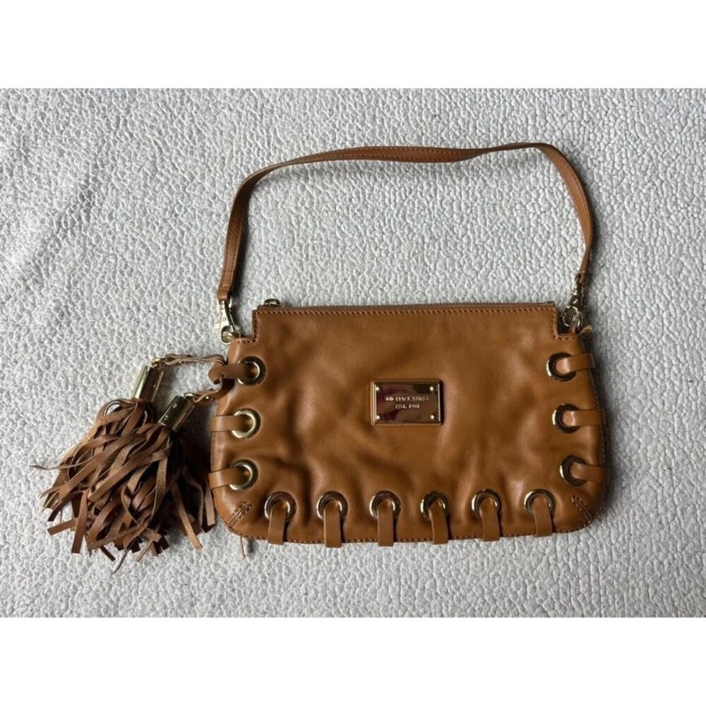 Michael Kors Astor Grommet Tassle Brown Leather Clutch